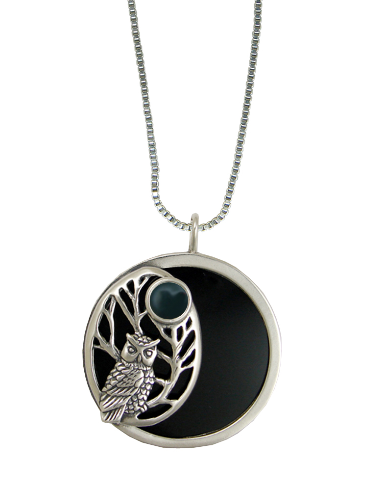 Sterling Silver Black Onyx Disc Wise Owl Pendant Necklace With Bloodstone